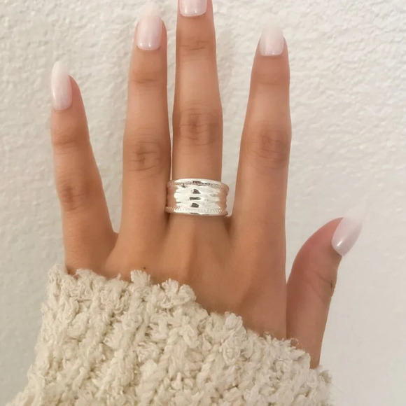 925 Sterling Silver Chunky Ring Thick Ring Silver Wide Textured Ring Band - Picture 7 of 9